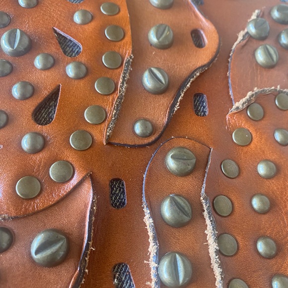 Patricia Nash Tan Italian Leather Studded Messenger Bag with Denim Accents - Picture 12 of 14